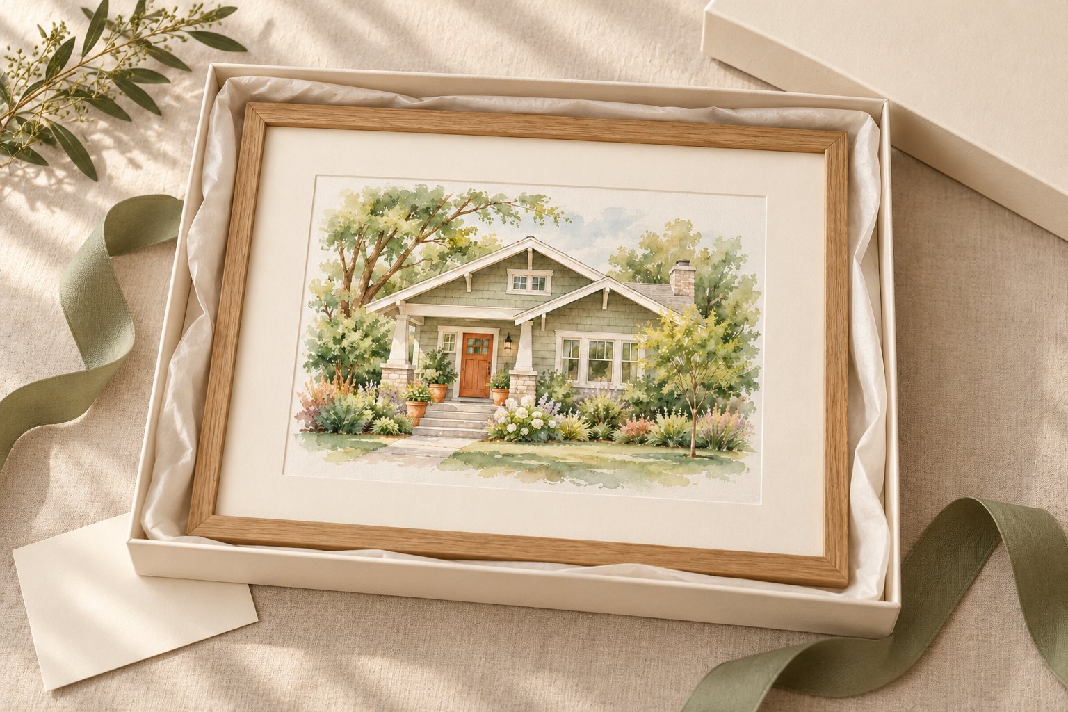 Fictional Craftsman house watercolor in a landscape oak frame with an ivory mat, resting in an ivory gift box with tissue, sage ribbon and a note card