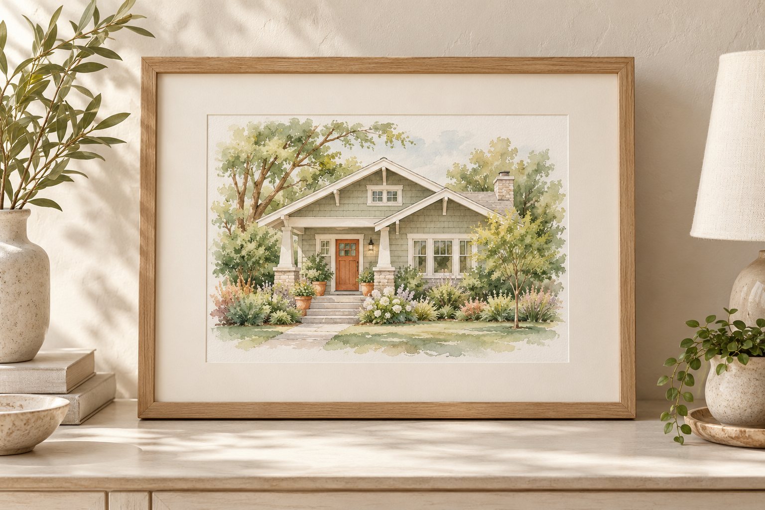 Fictional sage-green Craftsman bungalow watercolor in a landscape oak frame with a wide ivory mat, on a sideboard